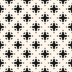 Simple vector monochrome seamless pattern with small curved shapes, crosses. Abstract black and white geometric background. Stylish modern texture. Repeat design for decor, textile, fabric, print