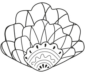 Abstract black and white ornamental seashell in Scandinavian style. Isolated outline marine and oceanic decorative design element and logo. For coloring book and page. Vector.