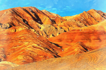 Scenery mountain landscape looks like drawing, Flaming Mountains, Silk Road, China.