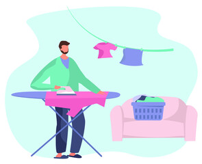 Man Ironing Clothes on Board during Covid 19.Male Character Home Work.Washing Clothes in Machine and Iron on Board.Clothes Dry on a Clothesline.Domestic Working.Flat Vector Illustration