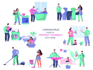 Set of Husband and Housewife Doing Housework,Vacuuming,Cooking in Kitchen,Washing Clothes,Ironing,Cleaning,Vacuuming,Wash Floor,Care for Flowers,Washing Dishes.Quarantine.Vector Illustration
