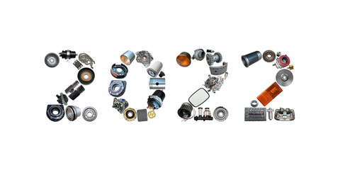 Number 2022 written with truck, tractors and car spare parts. New year concept for repair shop, workshop, diy isolated on white background. Banner.	
