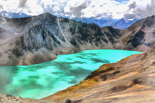 Colorful painting of beautiful mountain landscape, Alakol lake Kyrgyzstan.