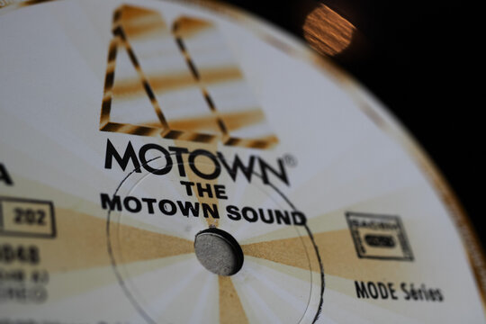 Viersen, Germany - May 9. 2020: Close up of isolated vinyl record album  with logo lettering from Tamla Motwon soul music label