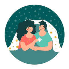 Enamored couple and condom in fantasy style, flat vector illustration.