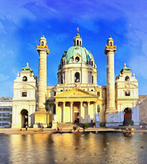 Fototapeta na wymiar View of St. Charles's Church colorful painting looks like picture, Vienna, Austria.