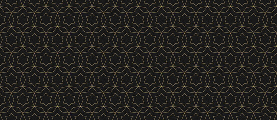 Vector abstract geometric seamless pattern. Golden lines texture with grid, stars, diamonds, floral shapes. Oriental style luxury background. Subtle gold and black ornament, modern repeat design 