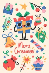Christmas or New Year Card With Cute Christmas Characters And Objects.