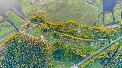 Small cottage settlement beautiful view from drone