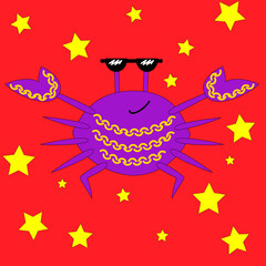 Cool cartoon crab with pattern. Sea animal with stars. Vector illustration