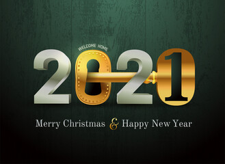 2021 new year card for real estate company. Happy new year 2021 concept with key and door lock. Realty. Welcome home. Vector illustration. Isolated on black wood texture.