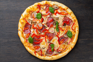 Italian pizza with melted mozzarella cheese, olives and sausage garnished with fresh vegetables and basil leaves