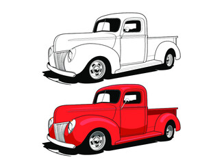 old red pickup truck vector illustration.