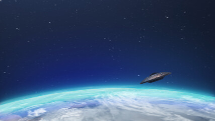 Obraz na płótnie Canvas 3d rendering- Alien spaceship ufo Flying over Earth atmosphere