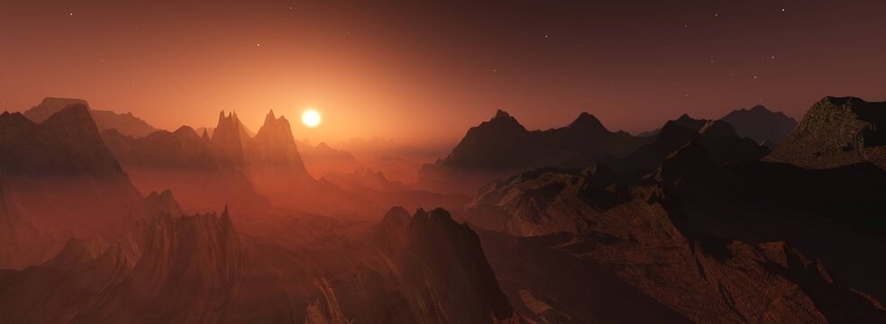 Mars at sunset, Mars at sunrise, mars surface, panorama of mars, banner, 3d rendering © ustas