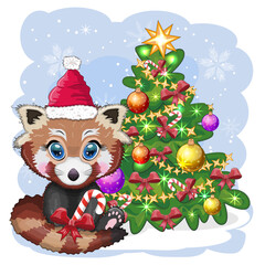 Red panda in santa hat with a ball near the christmas tree, cute character, christmas and new year greeting card, rare animals