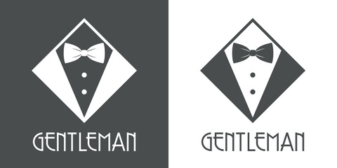 Logotipo con texto GENTLEMAN con esmoquin en rombo en fondo gris y fondo blanco