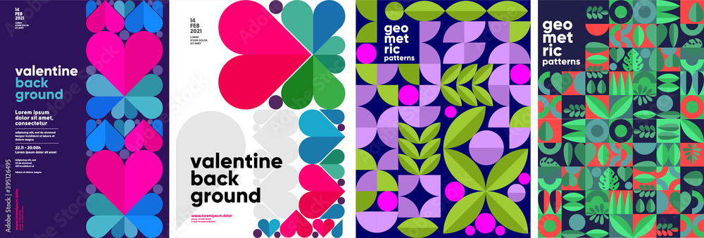 Wall mural Set of vector posters or event banner. Valentine's day posters, valentines with abstract, geometric background. Geometric prints, geometric patterns.