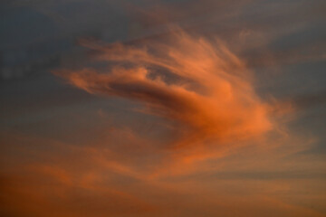 An orange cloud floats in the sky during sunset