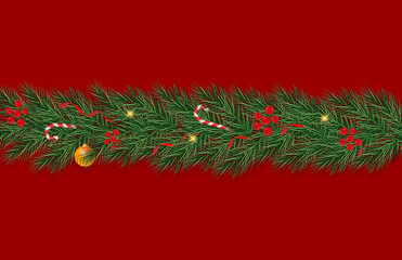 Holiday's Background with Season Wishes and Border of Realistic Looking Christmas Tree Branches Decorated with Berries. Vector.