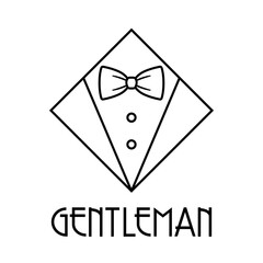 Logotipo con texto GENTLEMAN con esmoquin en rombo con lineas en color negro