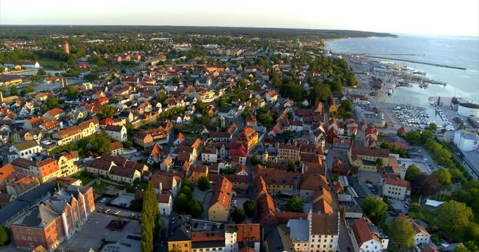 Drone Pan Shot City Of Visby With St Maria Cathedral