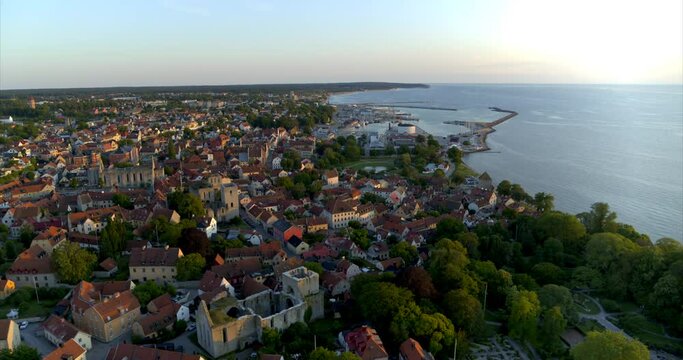 Aerial view over the old part of Visby inside the city walls, On the island of Gotland in Sweden.