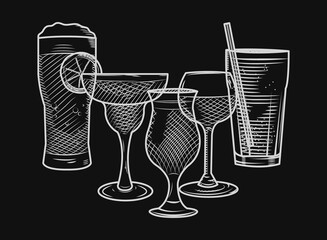 beer glass and alcoholic drinks, sketch style