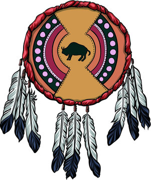 Native american shield with feather Vector illustration. Indian hide shield with the bison symbol.
