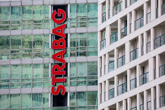 VIENNA, AUSTRIA - JULY 31: Building of headquarters STRABAG AG, one of the largest construction companies in Europe with logo, in Vienna Donau city in Vienna, on July 31, 2019.