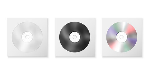 Vector 3d Realistic White, Black and Multicolor CD, DVD in Paper, Plastic Case, Package, Envelope Set Closeup Isolated on White Background. Design Template for Mockup, Copy Space. Top View