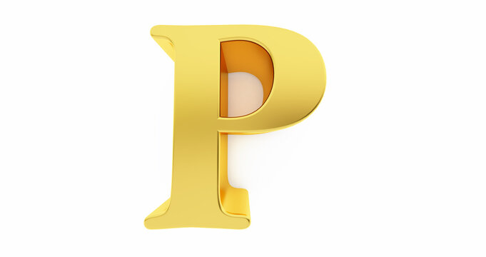 3d render of the letter P in gold metal isolated on a white background.