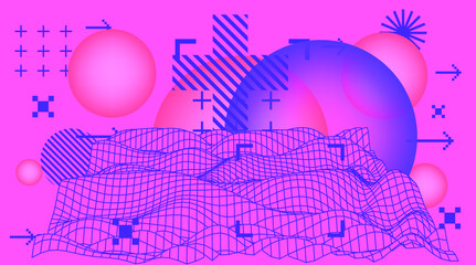 Retro Synthwave Sunrise. Futuristic  sci-fi landscape with sun above the endless laser grid like in old arcade video games of 80's and 90's years.