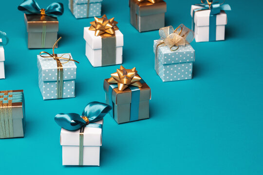 Blue christmas background with various gift boxes