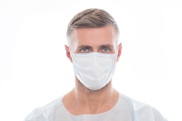 Confident doctor in respirator mask isolated on white. coronavirus pneumonia pandemic. virus vaccine and treatment. spread of covid 19. healthcare. corona igg immunity. man wear surgical mask