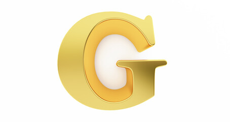 3d render of the letter G in gold metal isolated on a white background.