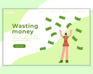 Young woman is throwing money in the air. Wasting money concept vector flat illustration