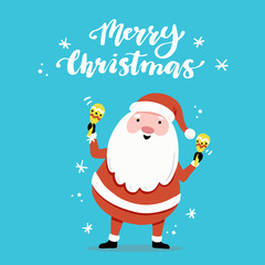 Christmas greeting card design with cartoon Santa Claus character, hand drawn design elements, lettering qoute Merry Christmas.