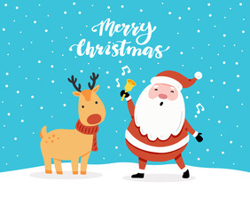 Christmas greeting card design with cartoon Reindeer character, hand drawn design elements, lettering qoute Merry Xmas.