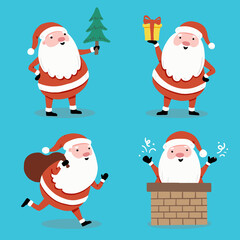 Set of cartoon Santa Claus in different poses for christmas banner, greeting card illustration. Santa character collection.