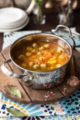 Moroccan Chicken Meatball Soup with Sweet Potato and Chickpea