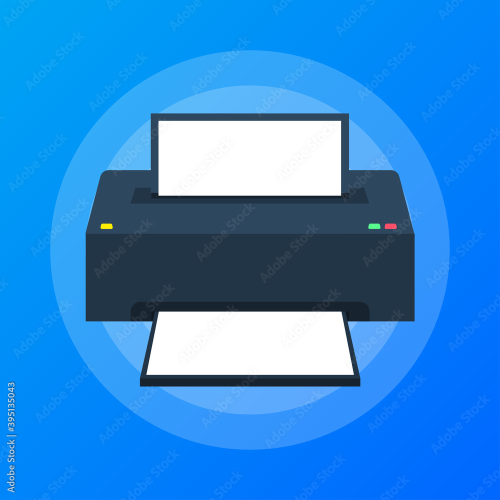 Aufkleber flat printer icon. printer with paper a4 sheet and printed text document