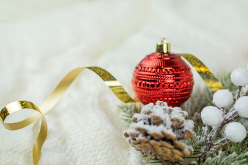 beautiful ball decoration on the Christmas tree toy red with decorations for the new year