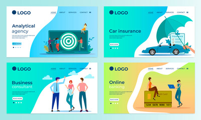Fototapeta na wymiar A set of landing page templates.Goal selection, auto insurance, business advice, online banking.Templates for use in mobile app development.Flat vector illustration.