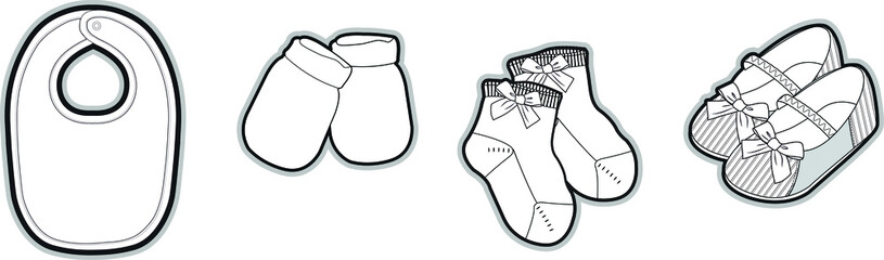 Newborn’s accessories collection socks, shoes, bibs and heats basic set of technical sketches for babies