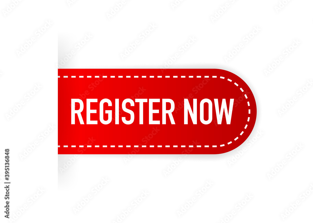 Poster red register now label in modern style on white background. banner promotion. click button. sticker 