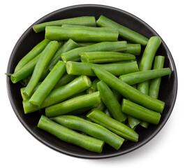 green beans in a black plate isolated on white background. Clipping path and full depth of field. Top view