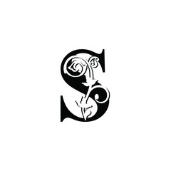 letter S. Vintage black flower ornament initial letters.  Alphabet. Logo vector 