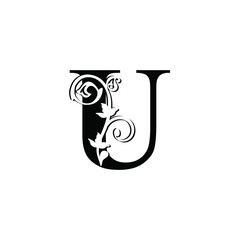 letter U. Vintage black flower ornament initial letters.  Alphabet. Logo vector 