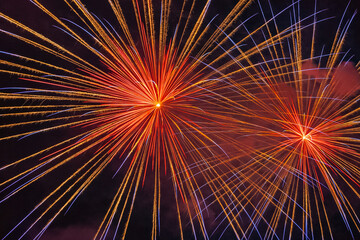 Brilliant and multi - colored fireworks against the backdrop of the night sky, Vittorio Veneto,...